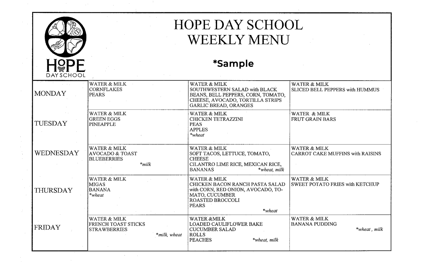 Hope-Day-School-Menu